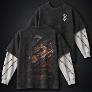 Berserk Printed Double Sleeves Washed T-Shirt by Dragi