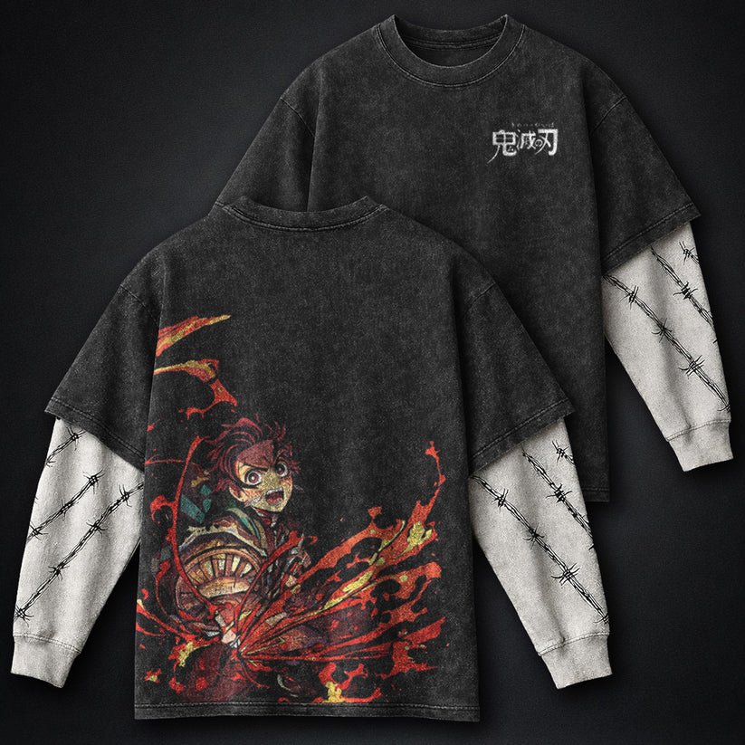 Demon Slayer All-season Double Sleeves Washed T-Shirt by Dragi